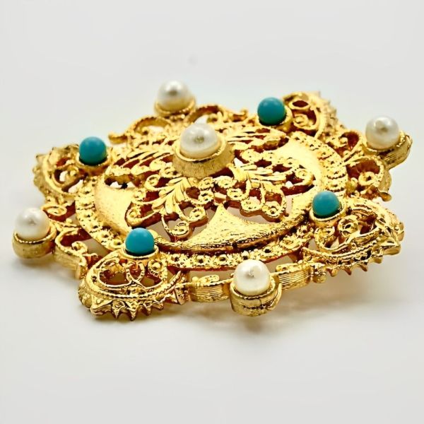 Gold Plated Ornate Faux Turquoise Faux Pearl Brooch circa 1980s